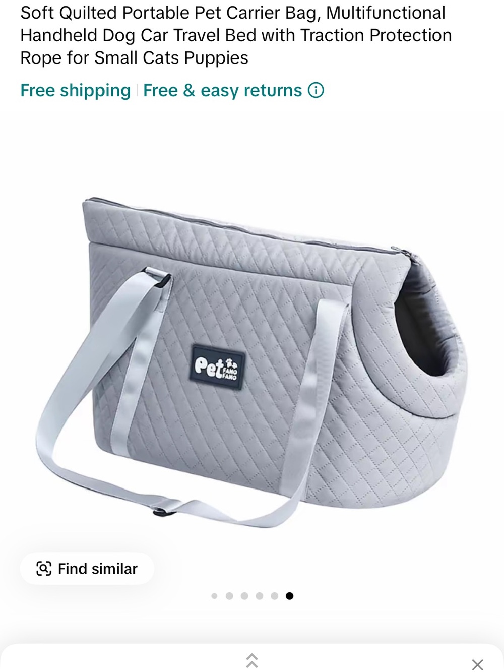 Quilted Light Gray Dog Carrier Tote Large - Picture 2 of 2